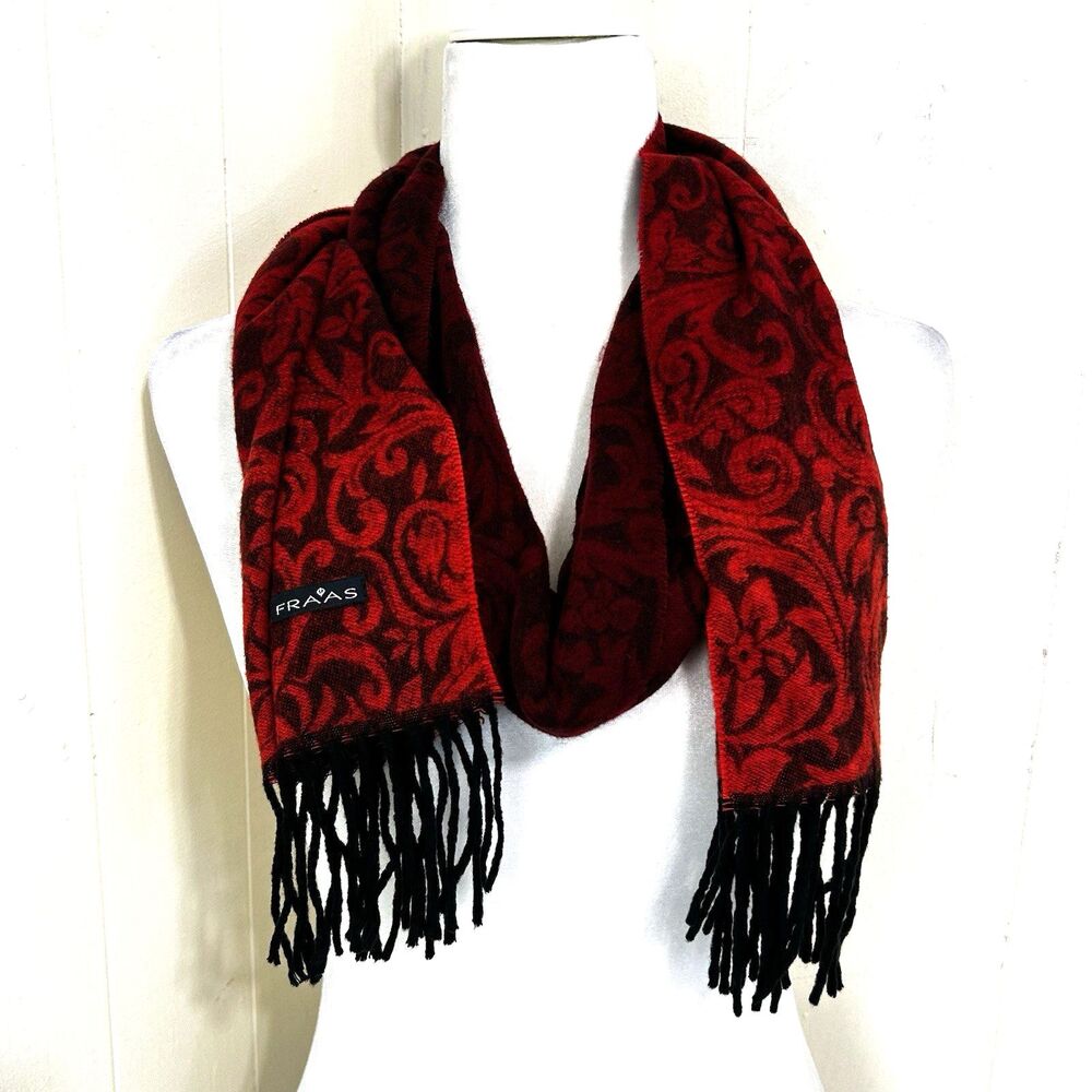 Fraas Cashmink Red & Orange Brown Scarf 11.5" x 70" 100% Acrylic Floral Pattern